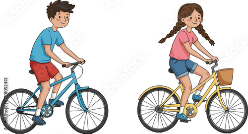 Happy young boy and girl riding bicycles together outdoors, enjoying summer exercise, active kids, healthy lifestyle, fun cycling adventure