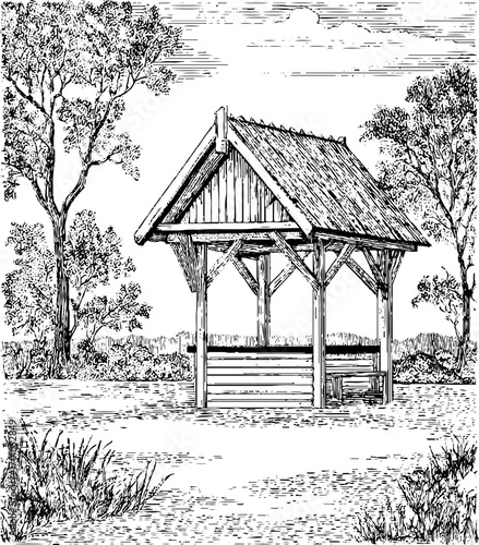 Rustic wooden gazebo in a scenic landscape - vintage hand drawn engraving style