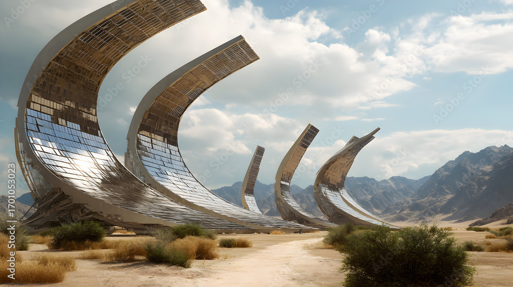 Fototapeta premium Futuristic solar array in a desert landscape harnessing clean energy potential