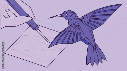 Origami Hummingbird Writing Art Illustration in Purple and Blue