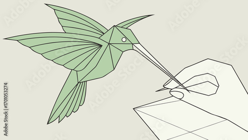 Green Origami Hummingbird Drawing Illustration Art Design