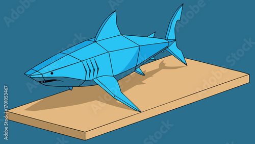 Geometric Origami Shark Sculpture on Wooden Base