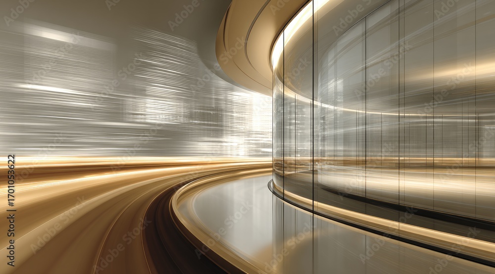 Obraz premium Modern, curved architectural interior with city blur