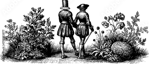 Vintage engraving style illustration of aristocratic figures strolling in garden scene
