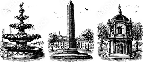 Vintage engraving style architectural landmarks illustration set for design