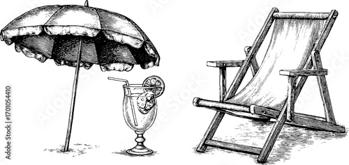 Vintage engraving style illustration of beach set with umbrella, deck chair, and drink