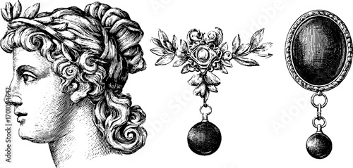 Vintage engraving style cameo collection for artistic design and decor