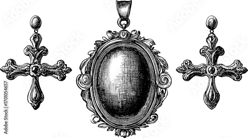 Vintage engraving style cameo and cross pendant sketch for jewelry design