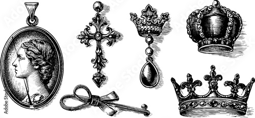 Vintage engraving style cameo and royal symbols set for design