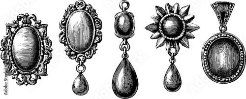 Vintage cameo jewelry set in engraving style for retro design and crafts