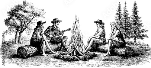 Vintage campfire gathering with guitar in engraving style for rustic design projects