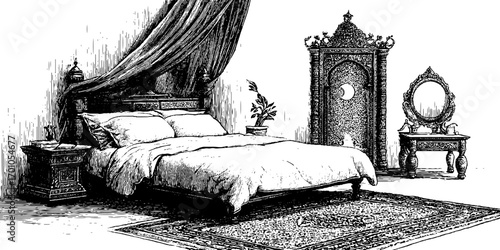 Vintage engraving of canopy bedroom scene with ornate furniture and mirror