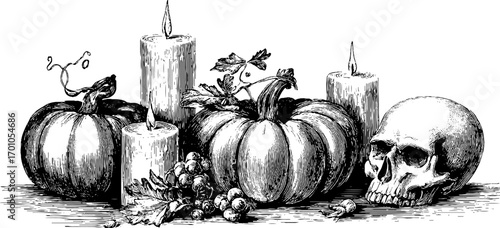 Halloween still life with pumpkins, skull, and candles in vintage engraving style for decorative design