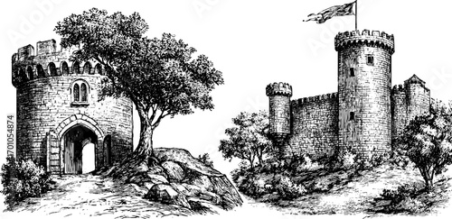 Vintage engraving style illustration set of castles with towers and trees for artistic design