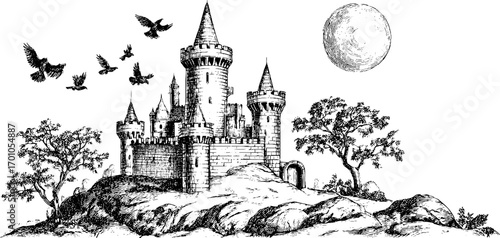 Vintage castle landscape with birds and moon in engraving style for decorative design