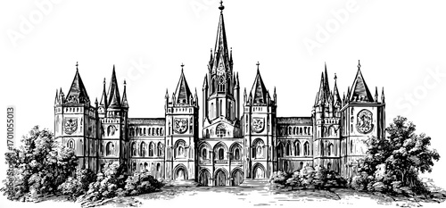 Vintage engraving style illustration of a majestic castle - retro architectural sketch design