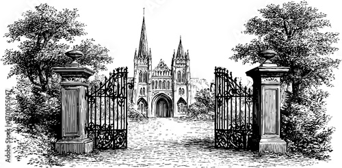 Elegant castle entrance featuring detailed vintage engraving in a serene landscape setting