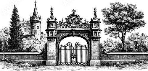 Vintage engraving style illustration of castle with ornate gate and tower for retro design