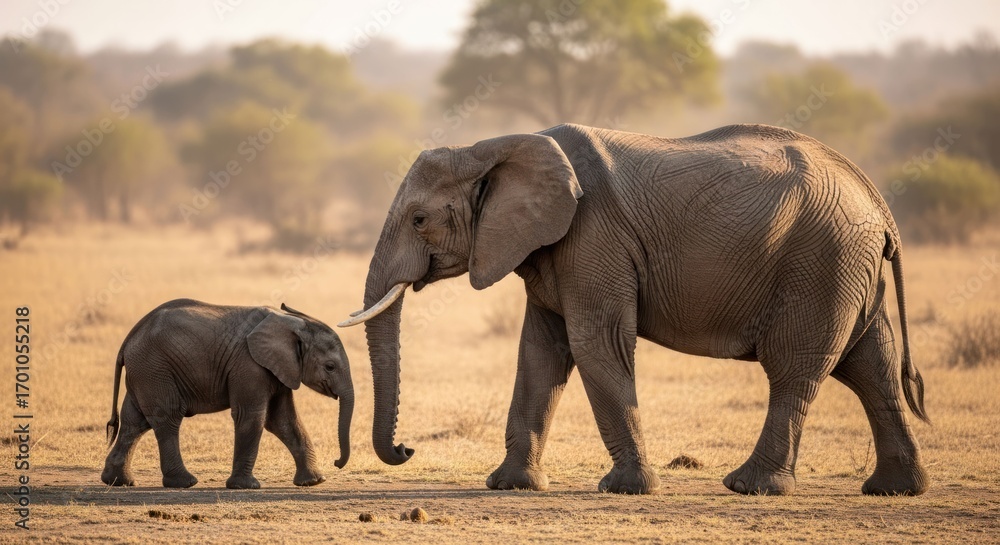 Fototapeta premium African elephant mother and calf in savanna
