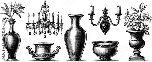 Vintage engraving style illustration set of chandeliers and vases for retro design
