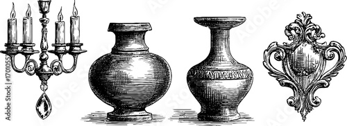 Vintage chandeliers and vases - hand drawn engraving style for retro decor and design