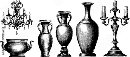 Vintage engraving style illustration of chandeliers and vases for decorative design