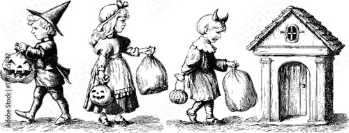 Vintage halloween engraving style illustration of children trick or treating