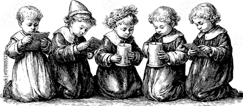 Vintage engraving style illustration of children in traditional attire with candles and books