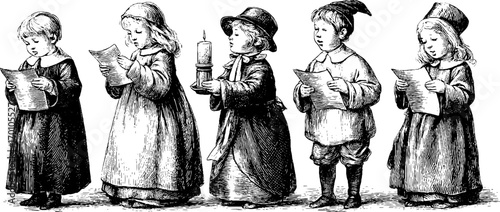 Vintage engraving style illustration of children holding candles and carols