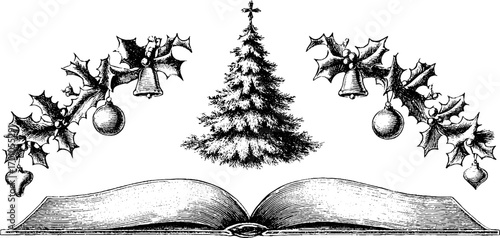 Vintage engraving style christmas illustration set with holiday elements for festive design