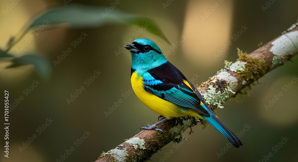 Obraz premium Vibrant turquoise tanager perched on mossy branch a colorful neotropical bird in its natural