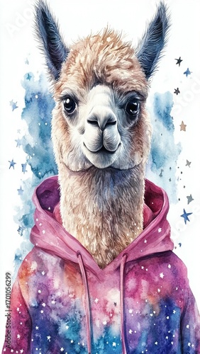 Alpaca in Galaxy Hoodie Watercolor
