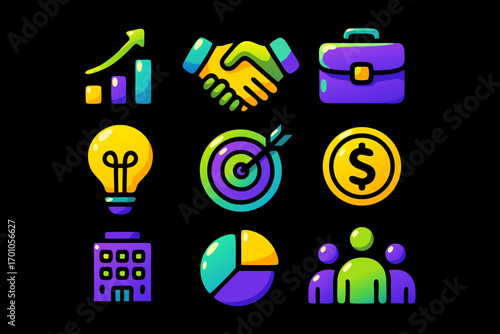 Bright neon style business icons including graph, handshake, briefcase, target, money, and teamwork. 
