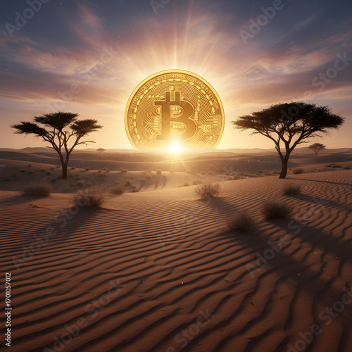 Wallpaper Mural Digital Oasis: A Giant Golden Bitcoin Rising Like the Sun Over a Desert Landscape with Acacia Trees. Torontodigital.ca