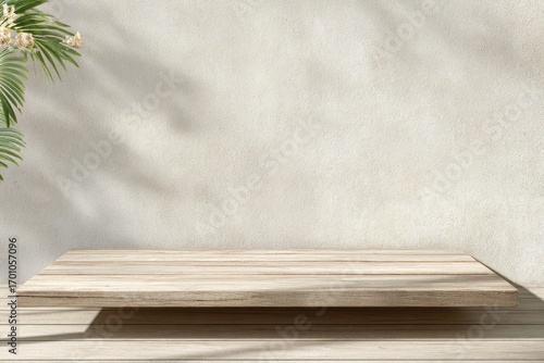 Light beige wall with wooden platform,  tropical plant shadows