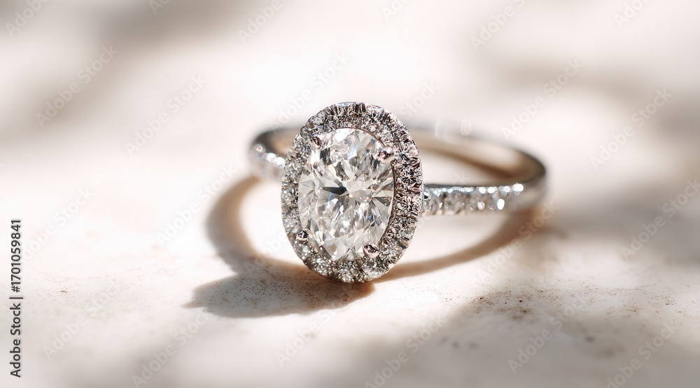 Fototapeta premium Oval diamond ring, halo setting, delicate design