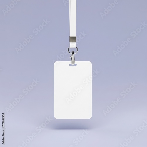 Blank white ID card mockup hanging from a lanyard, against a muted purple background, for employee or event access, marketing template