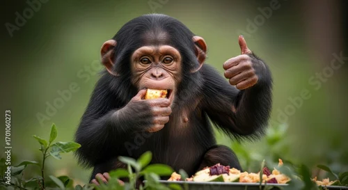 Obraz Chimpanzee baby eating, giving thumbs up
