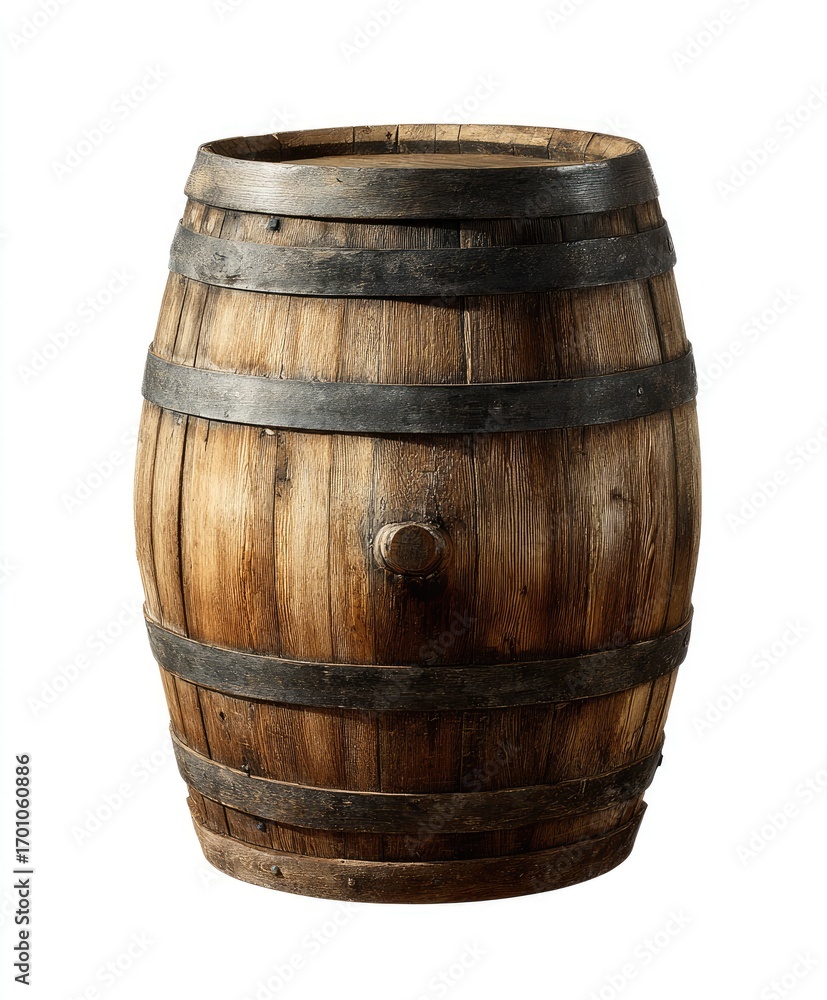 Obraz premium Aged wooden barrel, round and full. Dark brown, weathered wood. Metal bands encircle the barrel. Isolated on white background