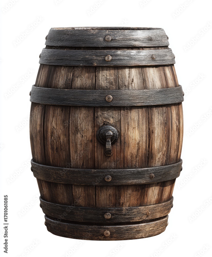 Obraz premium Aged wooden barrel, front view. Dark brown, weathered wood, with metal hoops. Single spigot