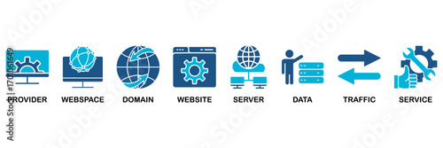 Web hosting icon set In Blue Monochrome Flat Design, Vector Illustration concept relate to icon of provider, webspace, domain, website, server, data, traffic and service