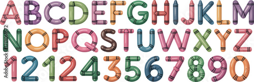 This cheerful image displays a full alphabet and numbers 0-9, all uniquely rendered as colorful crayons, making learning fun and visually appealing.