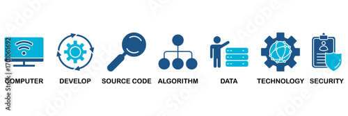Programming icon set In Blue Monochrome Flat Design, Vector Illustration concept relate to icon of computer, develop, source code, algorithm, data, technology and security