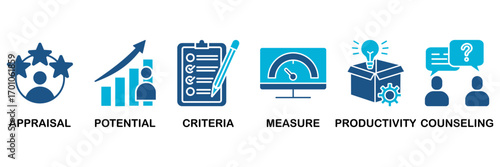 Performance review icon set In Blue Monochrome Flat Design, Vector Illustration concept relate to icon of employee job performance evaluation with an icon of appraisal, potential, criteria, measure, p