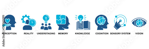Perception icon set In Blue Monochrome Flat Design, Vector Illustration concept relate to icon of perception, reality, understaging, memory, knowledge, cognition, sensory system, vision