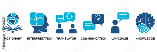 Translation icon set In Blue Monochrome Flat Design, Vector Illustration concept relate to icon of dictionary, interpretation, translator, communication, language, and knowledge
