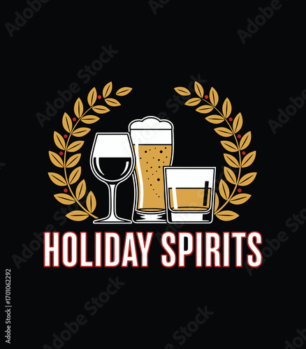 Holiday Spirits – Wine, Beer and Whiskey Christmas T‑Shirt with Laurel Wreath