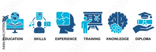 Qualification icon set In Blue Monochrome Flat Design, Vector Illustration concept relate to icon of employee recruitment and positioning with icon of education, skills, experience, training, knowledg