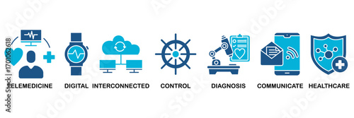 Digital health icon set In Blue Monochrome Flat Design, Vector Illustration concept relate to icon of technology in medical healthcare with icon of e-health, telemedicine, interconnected, smart watch,