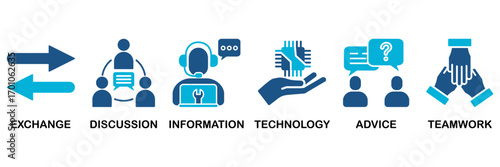 Communication icon set In Blue Monochrome Flat Design, Vector Illustration concept relate to icon of exchange, discussion, information, technology, advice, and teamwork